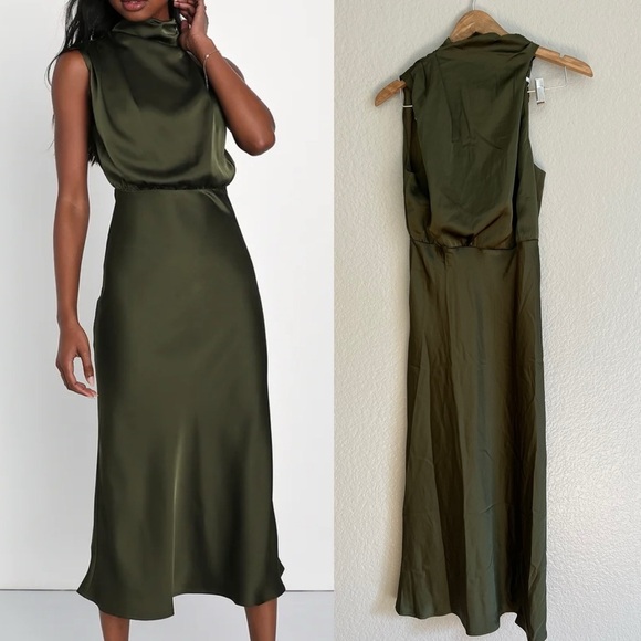 NWOT Distinctive Charm Olive Green Satin Asymmetrical Midi Dress - Picture 1 of 10